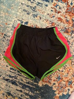 Nike Women's Black Running Shorts with Pink and Green Trim XS